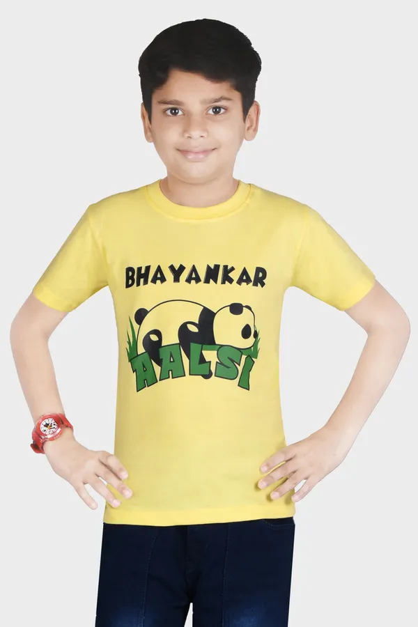 Yellow_Polyester_Printed_Short_Sleeve_Casual_T_Shirt_For_Boys_&_Girls