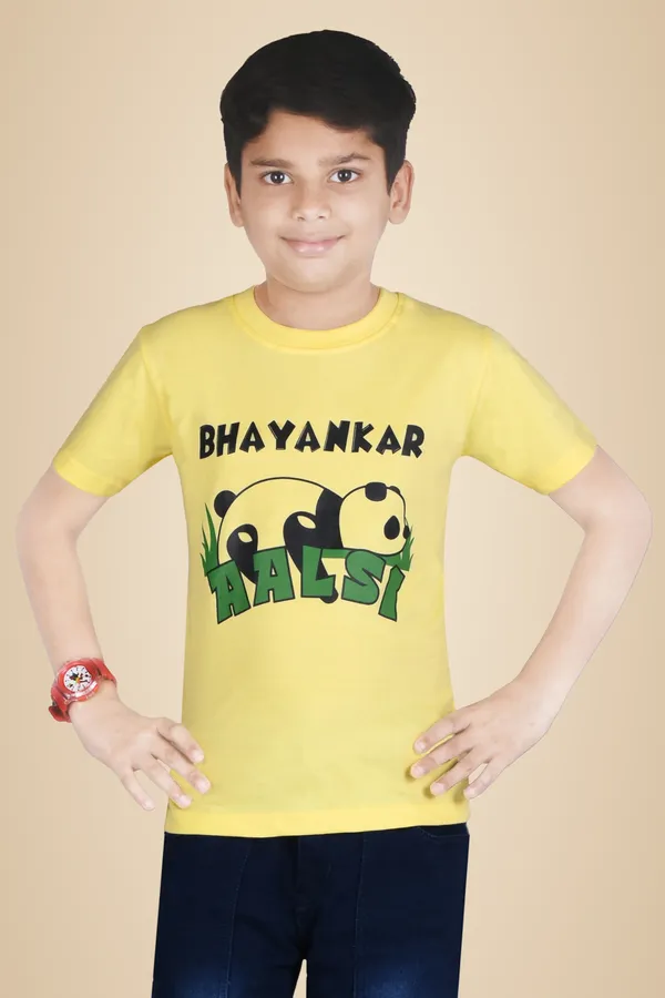Yellow_Polyester_Printed_Short_Sleeve_Casual_T_Shirt_For_Boys_&_Girls