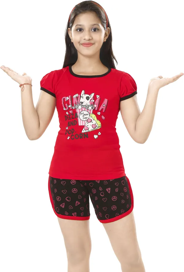 Red_Cotton_Printed_Half_Sleeve__Top_&_Shorts_Set_For_Girls