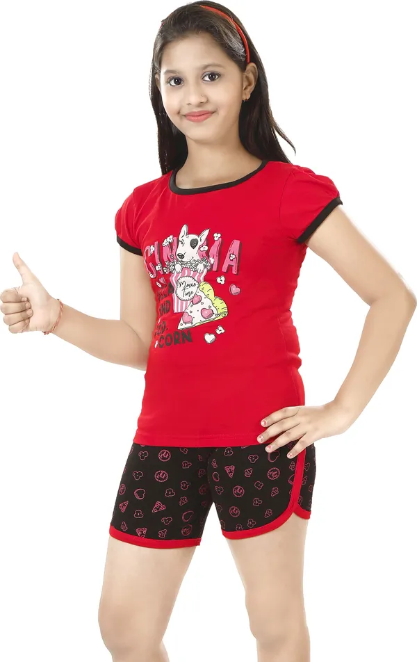 Red_Cotton_Printed_Half_Sleeve__Top_&_Shorts_Set_For_Girls