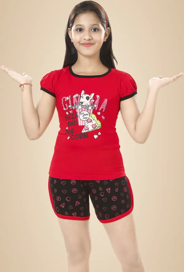 Red_Cotton_Printed_Half_Sleeve__Top_&_Shorts_Set_For_Girls