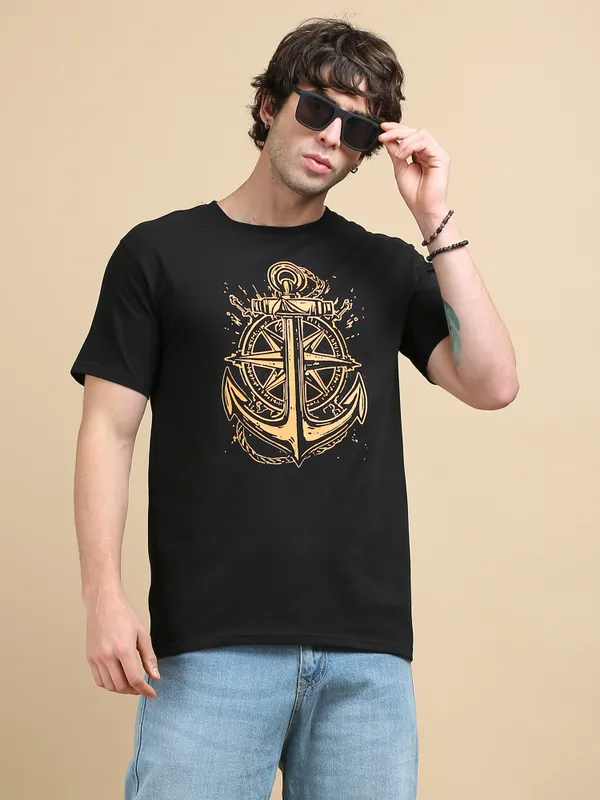 Black_Anchored_Compass__Cotton_Round_Neck_T-Shirt