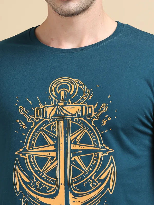 Teal_Blue_Anchored_Compass__Cotton_Round_Neck_T-Shirt