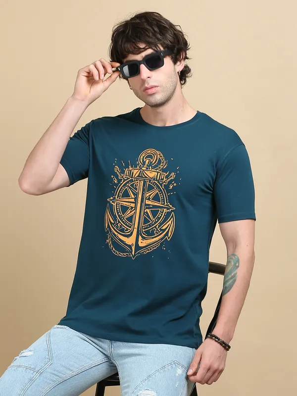 Teal_Blue_Anchored_Compass__Cotton_Round_Neck_T-Shirt