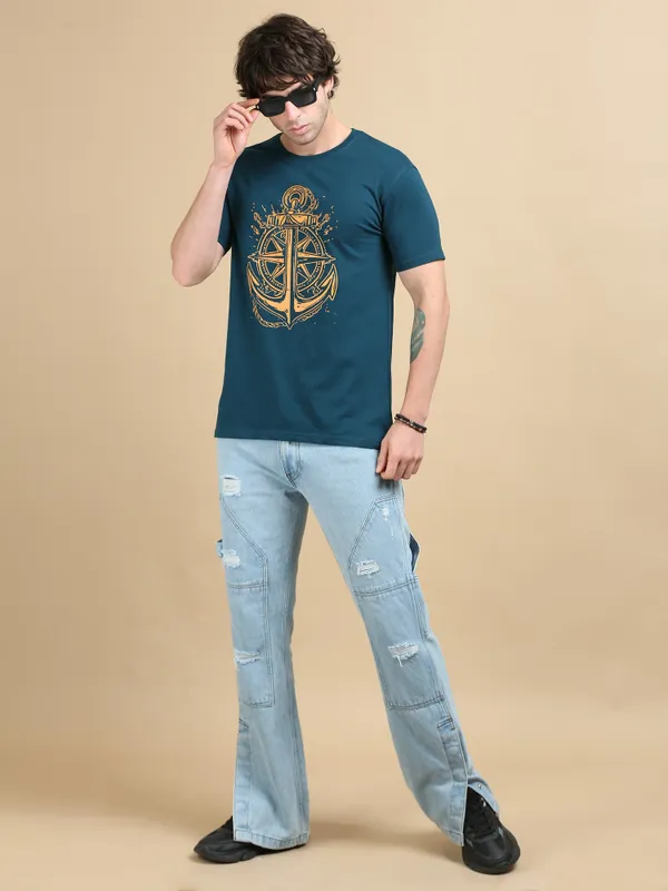 Teal_Blue_Anchored_Compass__Cotton_Round_Neck_T-Shirt