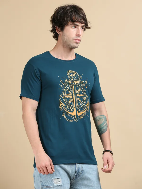 Teal_Blue_Anchored_Compass__Cotton_Round_Neck_T-Shirt