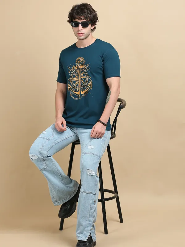 Teal_Blue_Anchored_Compass__Cotton_Round_Neck_T-Shirt