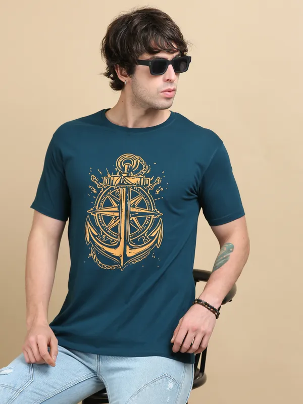 Teal_Blue_Anchored_Compass__Cotton_Round_Neck_T-Shirt