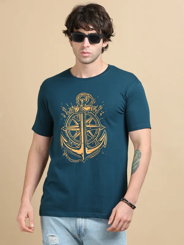 Teal_Blue_Anchored_Compass__Cotton_Round_Neck_T-Shirt