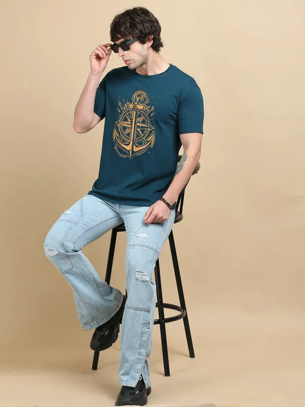 Teal_Blue_Anchored_Compass__Cotton_Round_Neck_T-Shirt