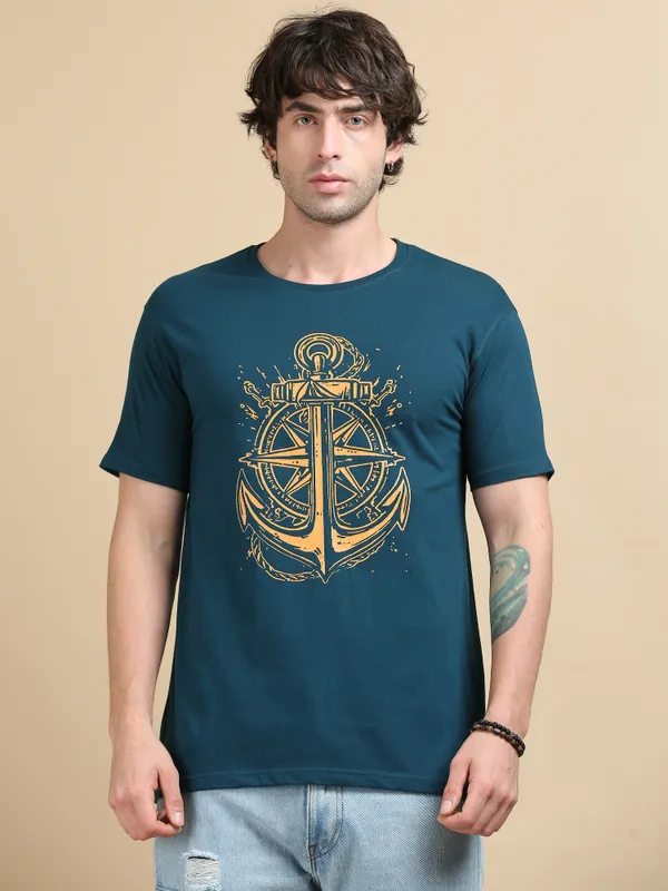 Teal_Blue_Anchored_Compass__Cotton_Round_Neck_T-Shirt