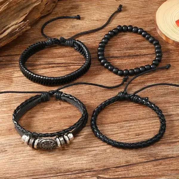 4_Pcs_Set_Braided_Black_Bracelet_Gift_For_Men_Black_Leather_Bracelet_For_Men__Adjustable