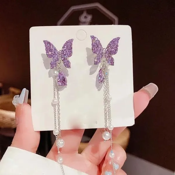 Pack_Of_2__Korean_Studded_Butterfly_Tassel_Earrings_Purple_And_Black_Alloy_Drops_And_Danglers_For_Women