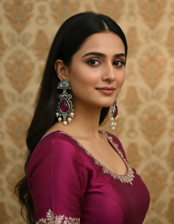 Maroon_Silver_Toned_Metal_With_Maroon_Stone_And_Pearl_Jhumka_Earrings_For_Women