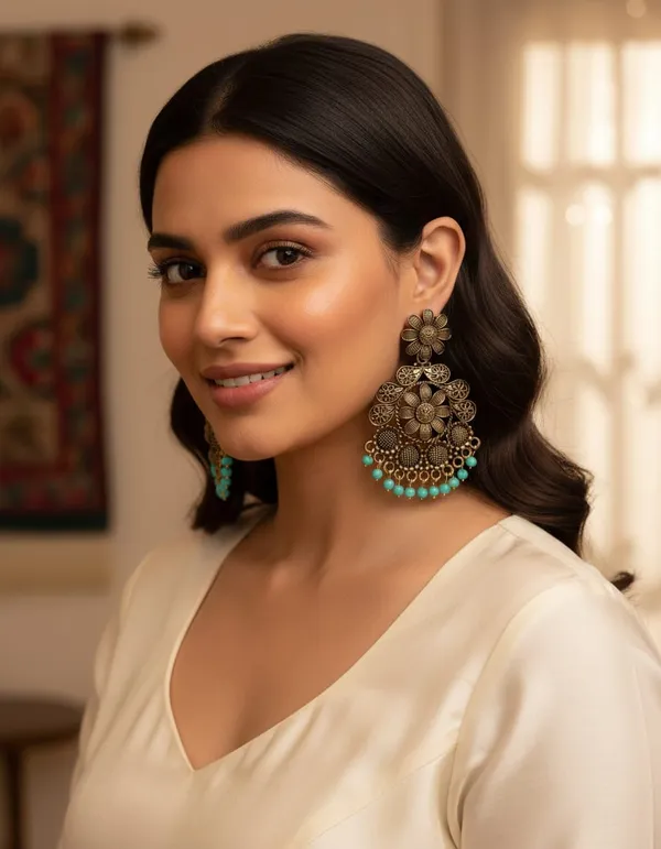 Antique_Gold_Oxidized_Metal_With_Turquoise_Beads_Chandbali_Earrings_For_Women