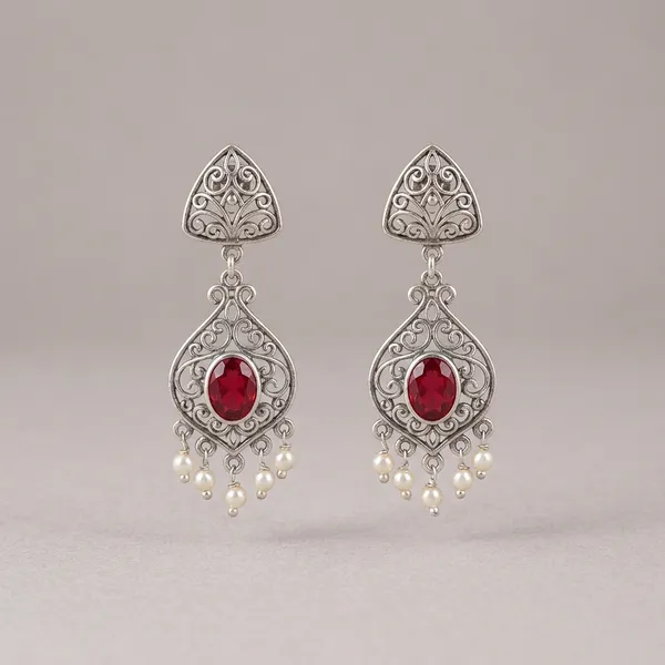 Maroon_Silver_Toned_Metal_With_Maroon_Stone_And_Pearl_Jhumka_Earrings_For_Women