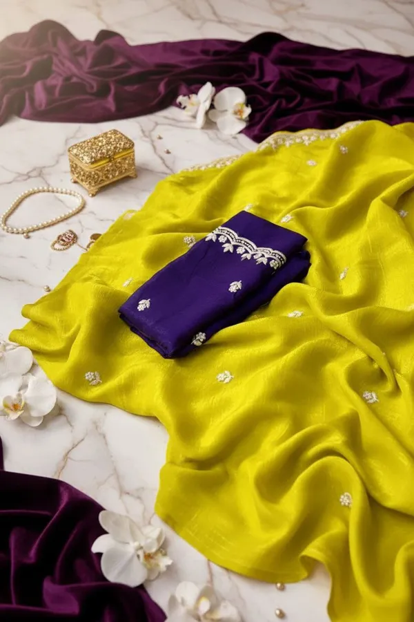 Crunchy_Fabrics_Lemon_Yellow_Saree_with_Embroidery_Work_and_Full_Handwork,_Crunchy_Purple_Blouse_by_Kraddle
