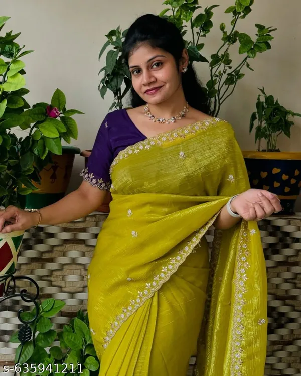 Crunchy_Fabrics_Lemon_Yellow_Saree_with_Embroidery_Work_and_Full_Handwork,_Crunchy_Purple_Blouse_by_Kraddle
