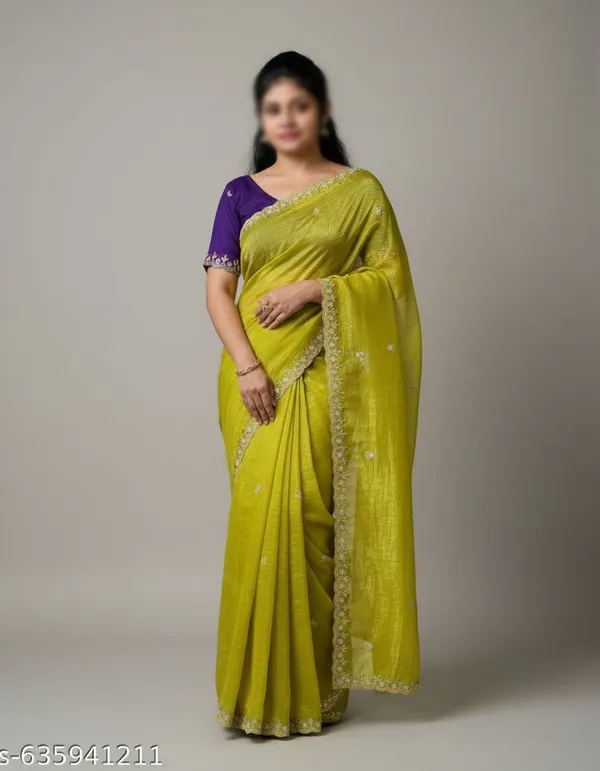 Crunchy_Fabrics_Lemon_Yellow_Saree_with_Embroidery_Work_and_Full_Handwork,_Crunchy_Purple_Blouse_by_Kraddle