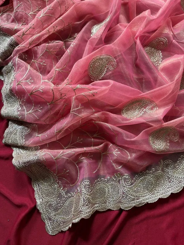New_Pink_Heavy_Silver_Embroidery_Work_Saree_with_Full_Silver_Stone_Work__For_Women