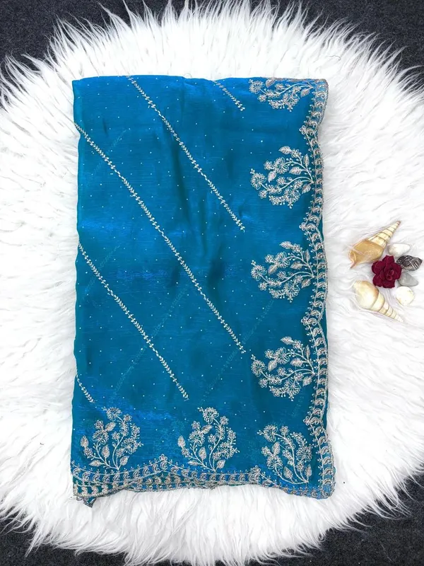 Fenti_Firozi_Heavy_Silver_Embroidery_Work_Saree_with_Full_Silver_Stone_Work__For_Women