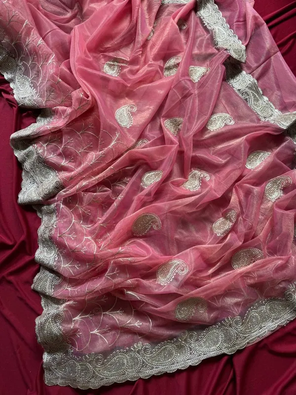 New_Pink_Heavy_Silver_Embroidery_Work_Saree_with_Full_Silver_Stone_Work__For_Women