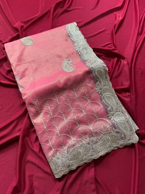 New_Pink_Heavy_Silver_Embroidery_Work_Saree_with_Full_Silver_Stone_Work__For_Women