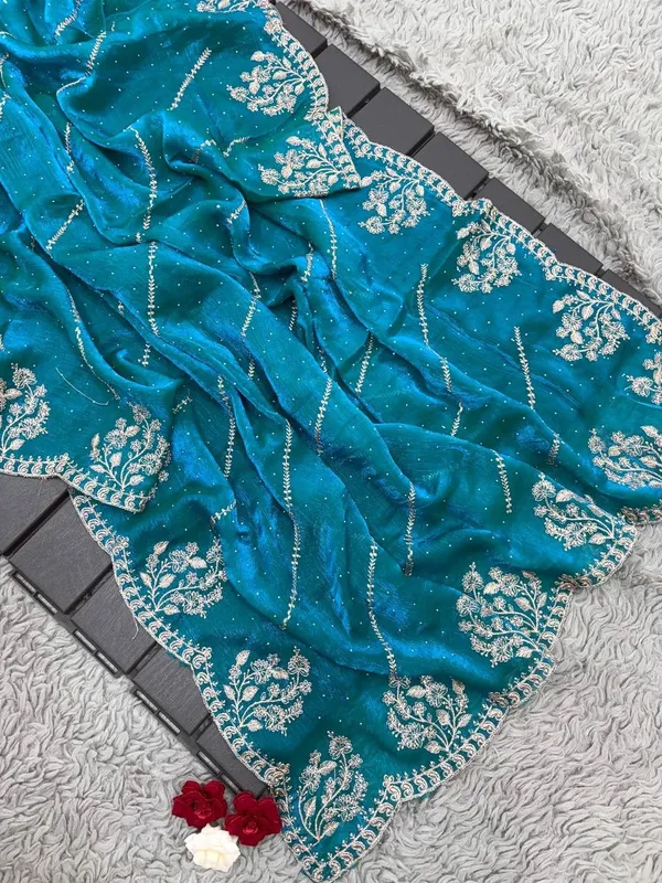 Fenti_Firozi_Heavy_Silver_Embroidery_Work_Saree_with_Full_Silver_Stone_Work__For_Women