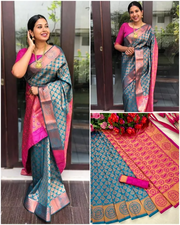 JHEWER_Woven,_Geometric_Print,_Self_Design,_Temple_Border_Banarasi_Jacquard_Saree_Multicolor