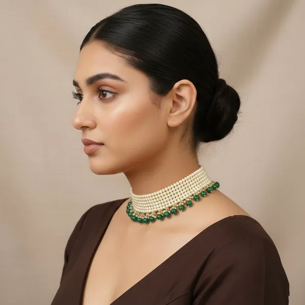 Yellow_And_Green_Nikhar_Brass_Premium_And_Elegant_Emerald_Toned_Pearl_Choker_Necklace_For_Women