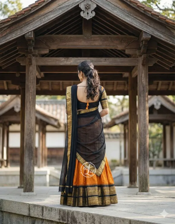 Orange_And_Black__Kanjivaram_silk__Half_Lehenga_Saree_With_Blouse_And_Dupatta_For_Women