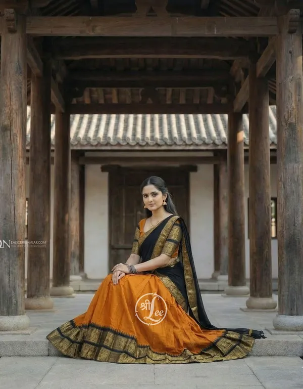 Orange_And_Black__Kanjivaram_silk__Half_Lehenga_Saree_With_Blouse_And_Dupatta_For_Women