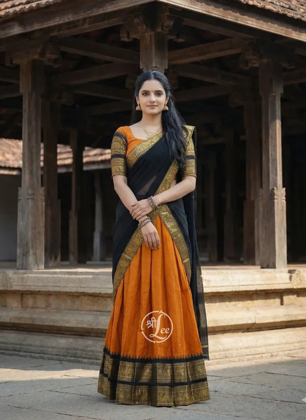 Orange_And_Black__Kanjivaram_silk__Half_Lehenga_Saree_With_Blouse_And_Dupatta_For_Women