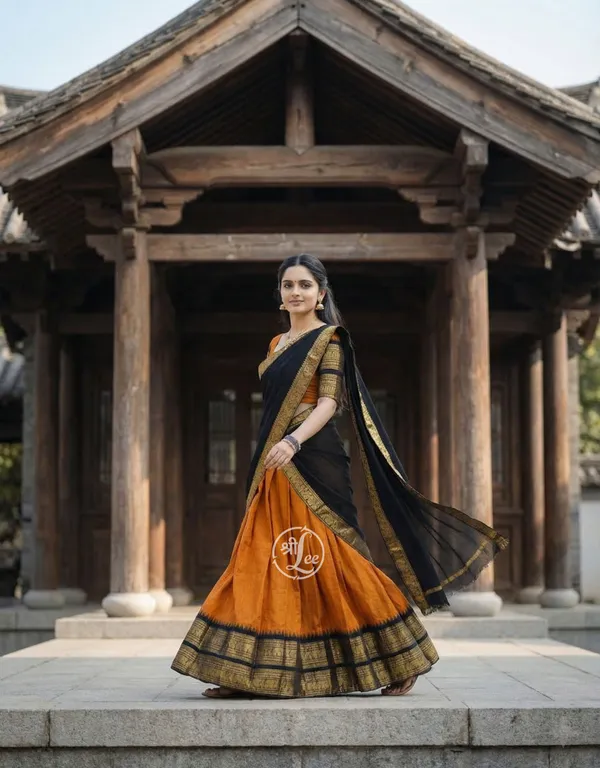 Orange_And_Black__Kanjivaram_silk__Half_Lehenga_Saree_With_Blouse_And_Dupatta_For_Women
