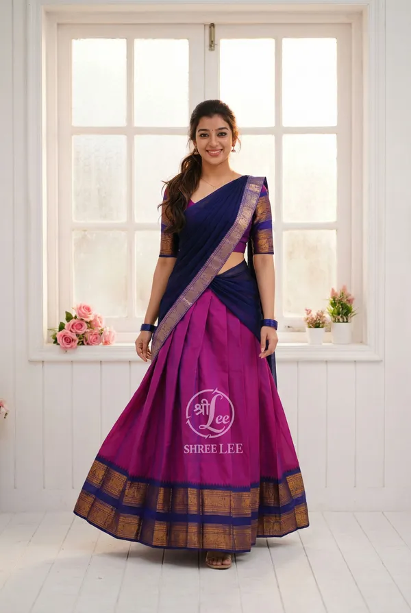 Gajari__And_Blue__Kanjivaram_silk__Half_Lehenga_Saree_With_Blouse_And_Dupatta_For_Women