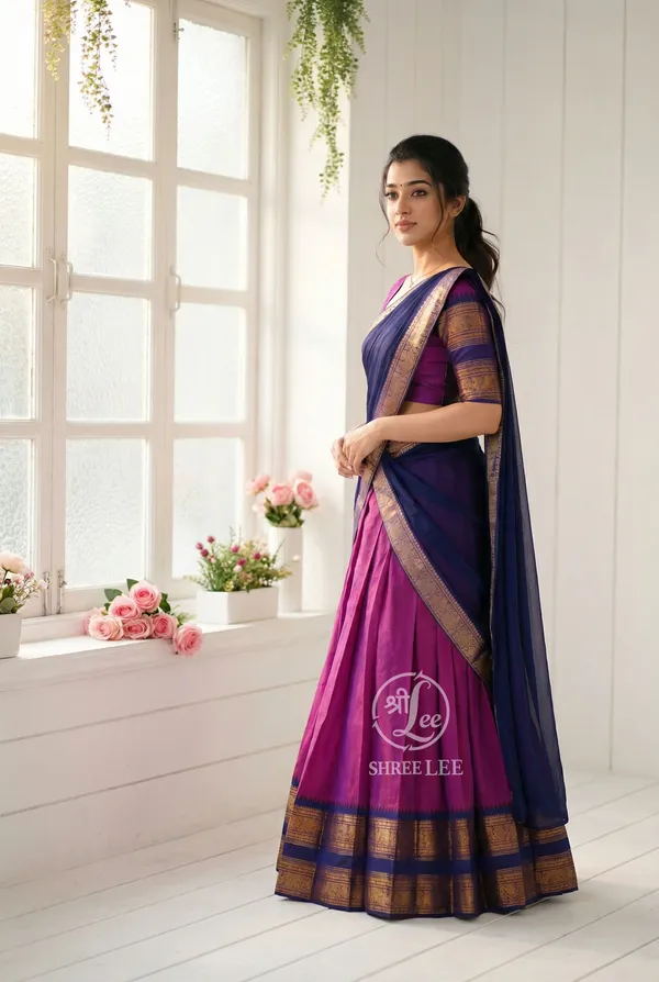 Gajari__And_Blue__Kanjivaram_silk__Half_Lehenga_Saree_With_Blouse_And_Dupatta_For_Women