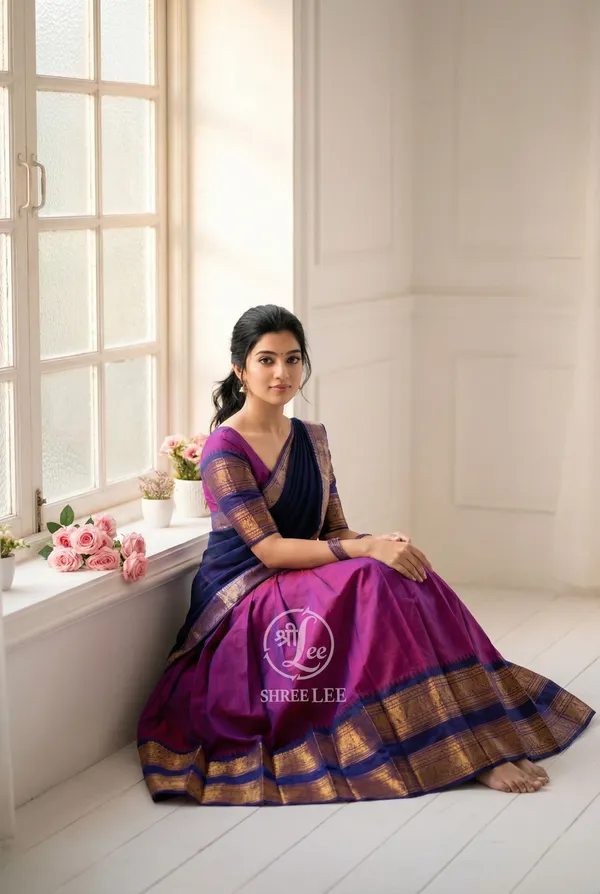 Gajari__And_Blue__Kanjivaram_silk__Half_Lehenga_Saree_With_Blouse_And_Dupatta_For_Women
