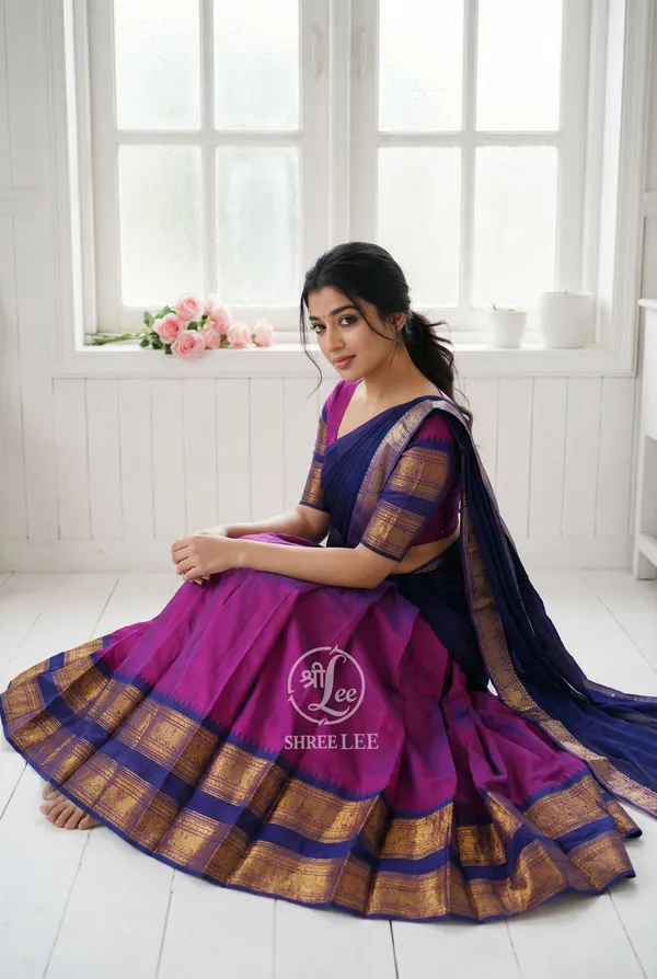 Gajari__And_Blue__Kanjivaram_silk__Half_Lehenga_Saree_With_Blouse_And_Dupatta_For_Women
