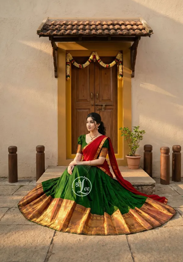 Green__And_Red__Kanjivaram_silk__Half_Lehenga_Saree_With_Blouse_And_Dupatta_For_Women