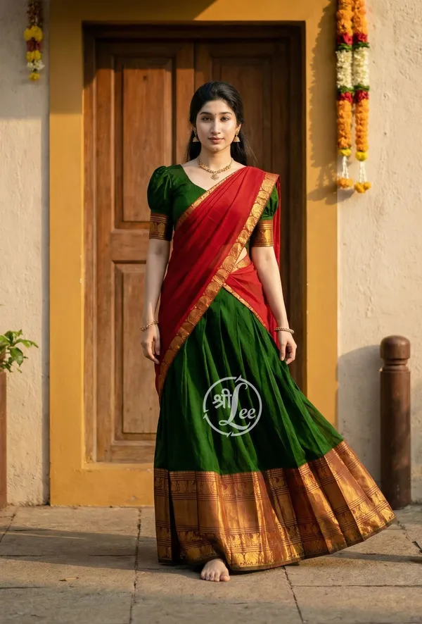 Green__And_Red__Kanjivaram_silk__Half_Lehenga_Saree_With_Blouse_And_Dupatta_For_Women