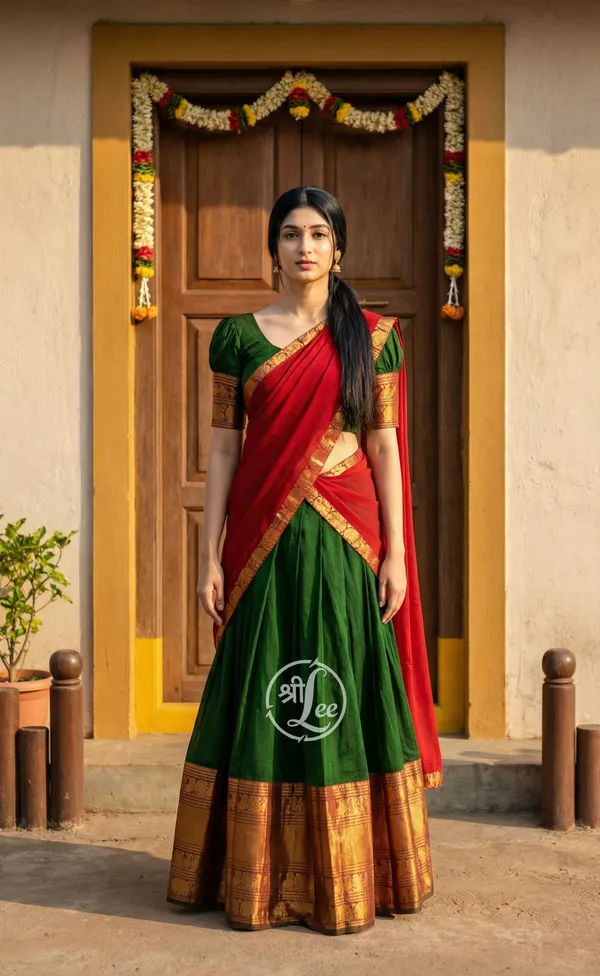 Green__And_Red__Kanjivaram_silk__Half_Lehenga_Saree_With_Blouse_And_Dupatta_For_Women