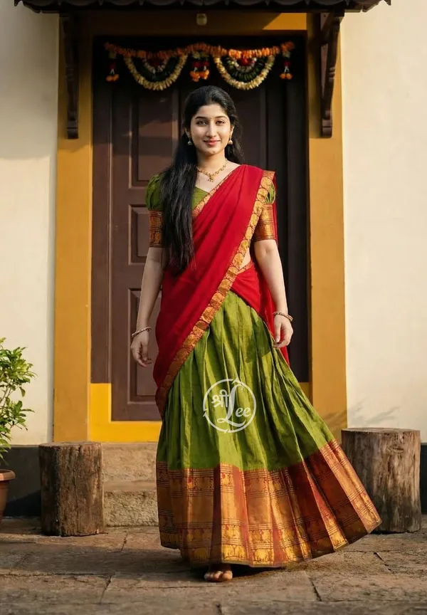 Mehndi_And__Red__Kanjivaram_silk__Half_Lehenga_Saree_With_Blouse_And_Dupatta_For_Women