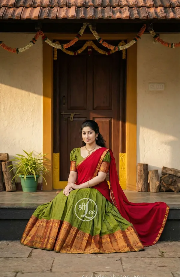 Mehndi_And__Red__Kanjivaram_silk__Half_Lehenga_Saree_With_Blouse_And_Dupatta_For_Women