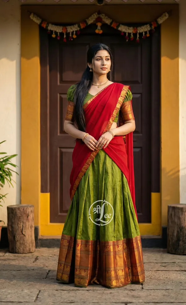 Mehndi_And__Red__Kanjivaram_silk__Half_Lehenga_Saree_With_Blouse_And_Dupatta_For_Women