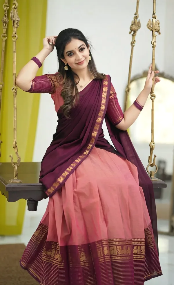 Tometo_and_wine_Kanjivaram_silk_Half_Lehenga_Saree_With_Blouse_And_Dupatta_For_Women