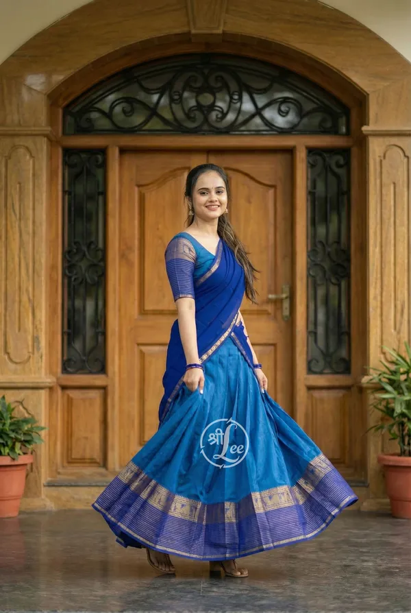firozi_and__blue___Kanjivaram_silk__Half_Lehenga_Saree_With_Blouse_And_Dupatta_For_Women