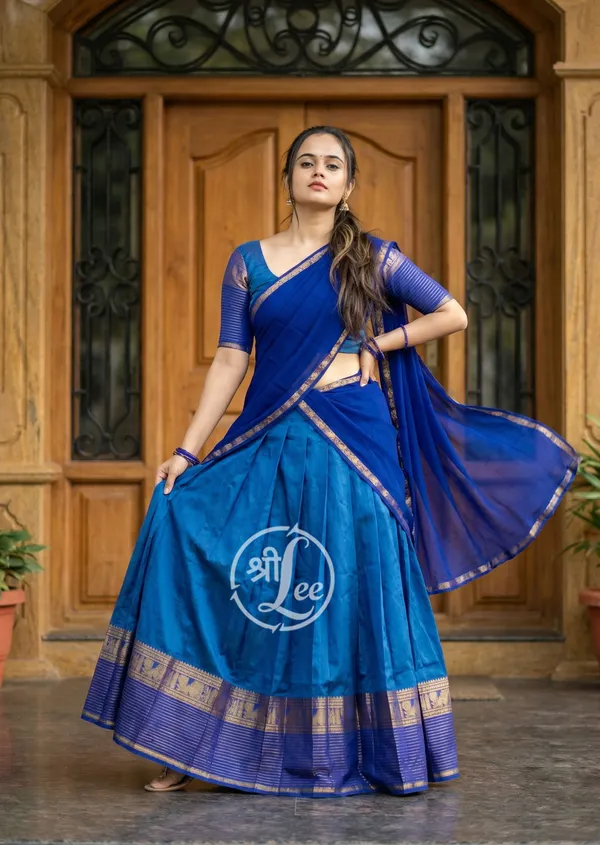 firozi_and__blue___Kanjivaram_silk__Half_Lehenga_Saree_With_Blouse_And_Dupatta_For_Women