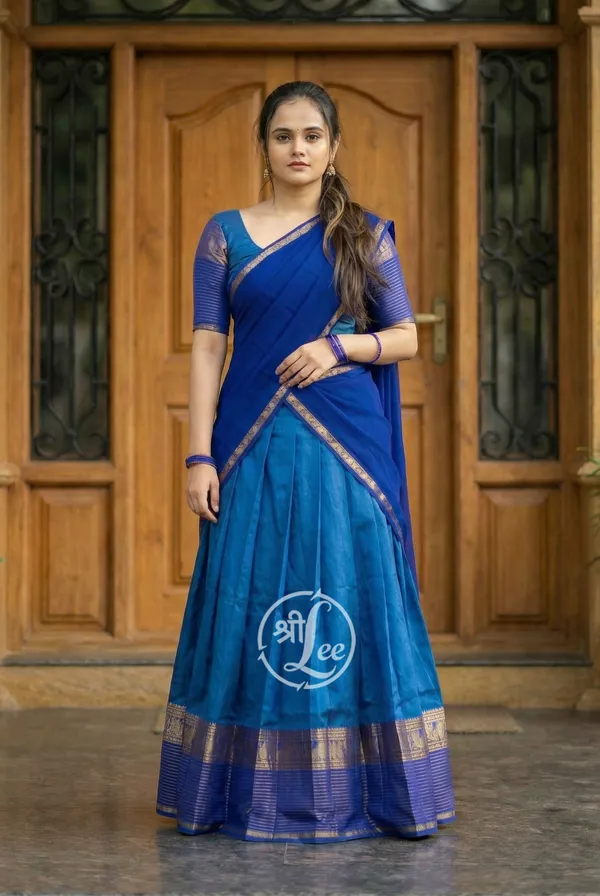 firozi_and__blue___Kanjivaram_silk__Half_Lehenga_Saree_With_Blouse_And_Dupatta_For_Women