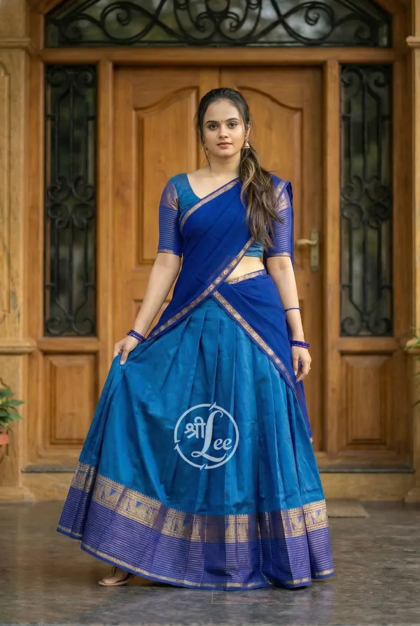 firozi_and__blue___Kanjivaram_silk__Half_Lehenga_Saree_With_Blouse_And_Dupatta_For_Women