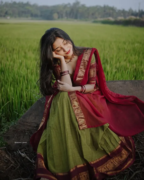 Mehndi_And_Red__Kanjivaram_silk__Half_Lehenga_Saree_With_Blouse_And_Dupatta_For_Women